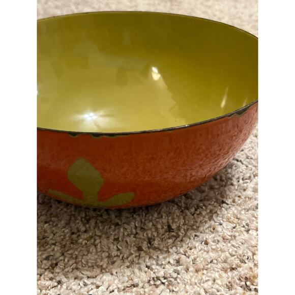 "Vintage MCM Hanova of Pasadena Enamelware Bowl Orange Chartreuse Green 8" RARE - Picture 3 of 15